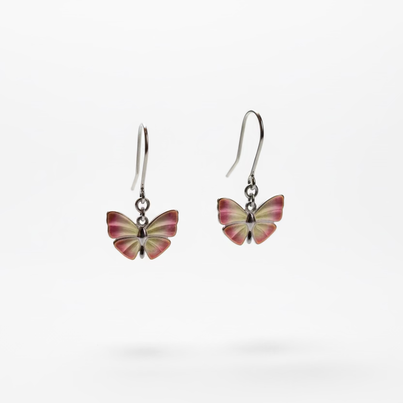 Pink Enamel Butterfly Wire Earrings