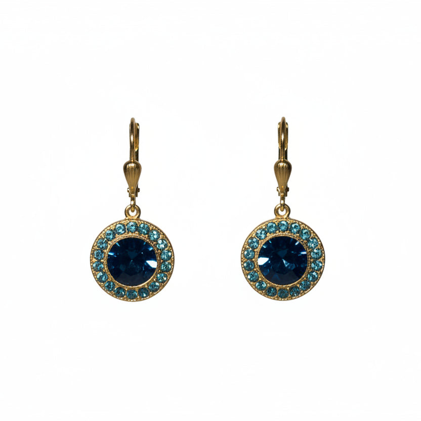 Round Blue Crystal Earrings With Surrounding Mini Crystals