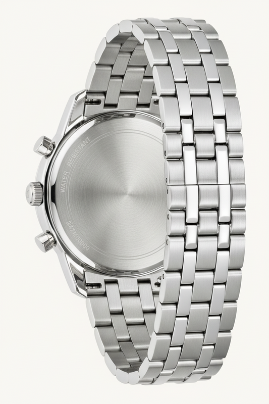 Bulova Sutton Chronograph Men’s Stainless Steel Watch with Silver Dial & Blue Accents