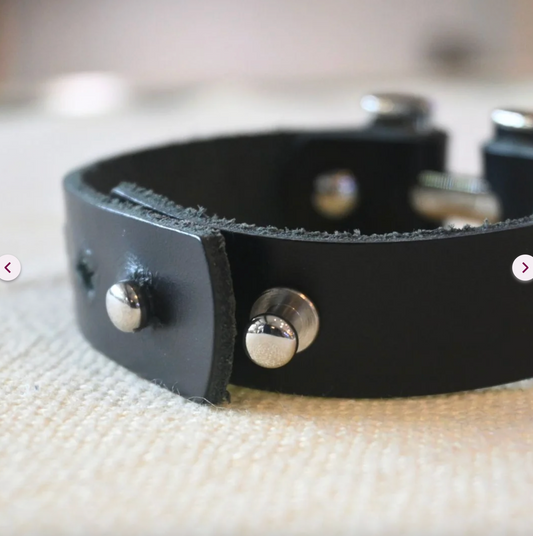 Men's Black Leather Steel Bracelete