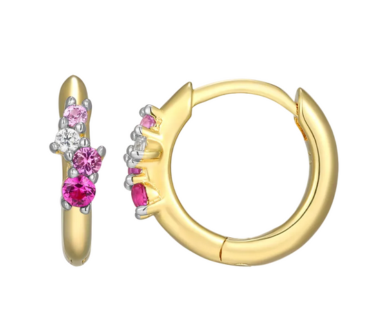 Scattered Ombre Ruby & Diamond Huggie Earrings in 14K Gold & Rhodium Plated Sterling Silver