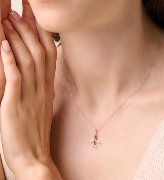 Airplane Pendant Necklace in Rhodium Plated Sterling Silver