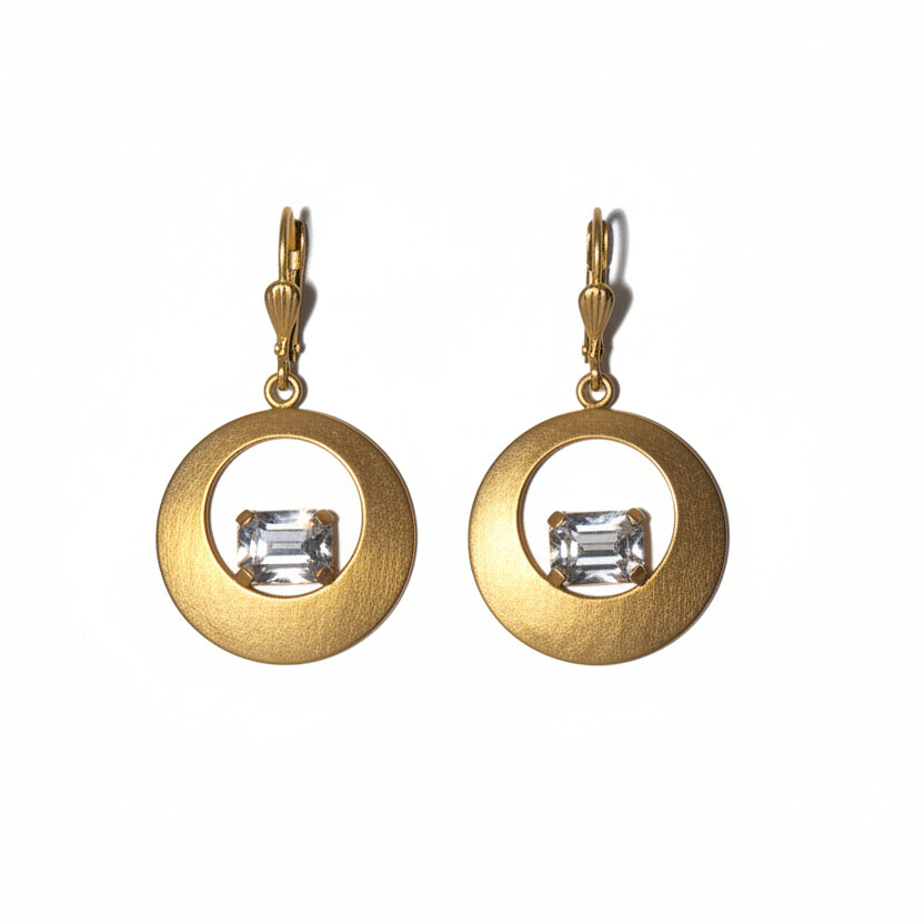 Hammered Disc Earrings with Gold Circle Clear Crystal