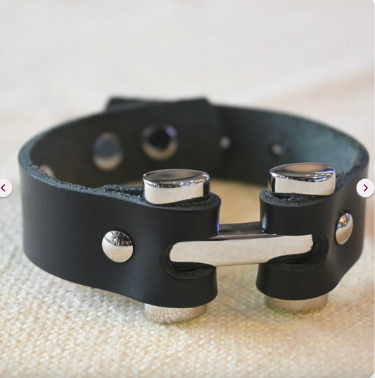 Men's Black Leather Steel Bracelete