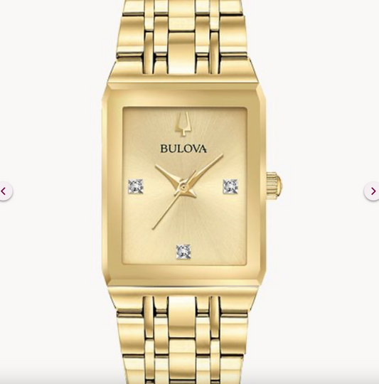 BULOVA ~ Mens Quadra Gold Dial Diamond Rectangular Steel Watch