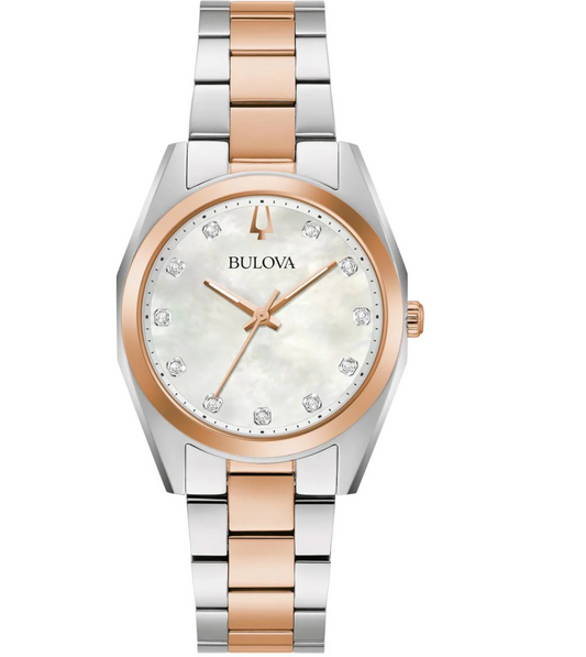 Bulova Surveyor Womens Watch with Mother of Pearl Dial and Stainless Steel and Rose Gold Toned Bracelet (quartz movement)