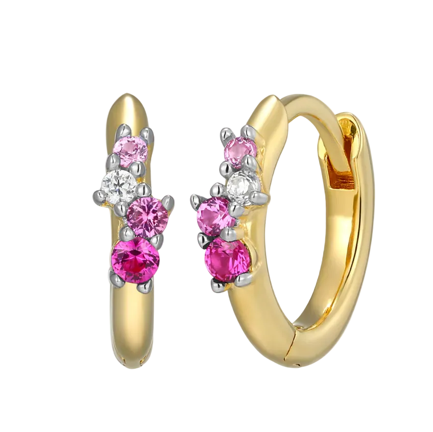 Scattered Ombre Ruby & Diamond Huggie Earrings in 14K Gold & Rhodium Plated Sterling Silver