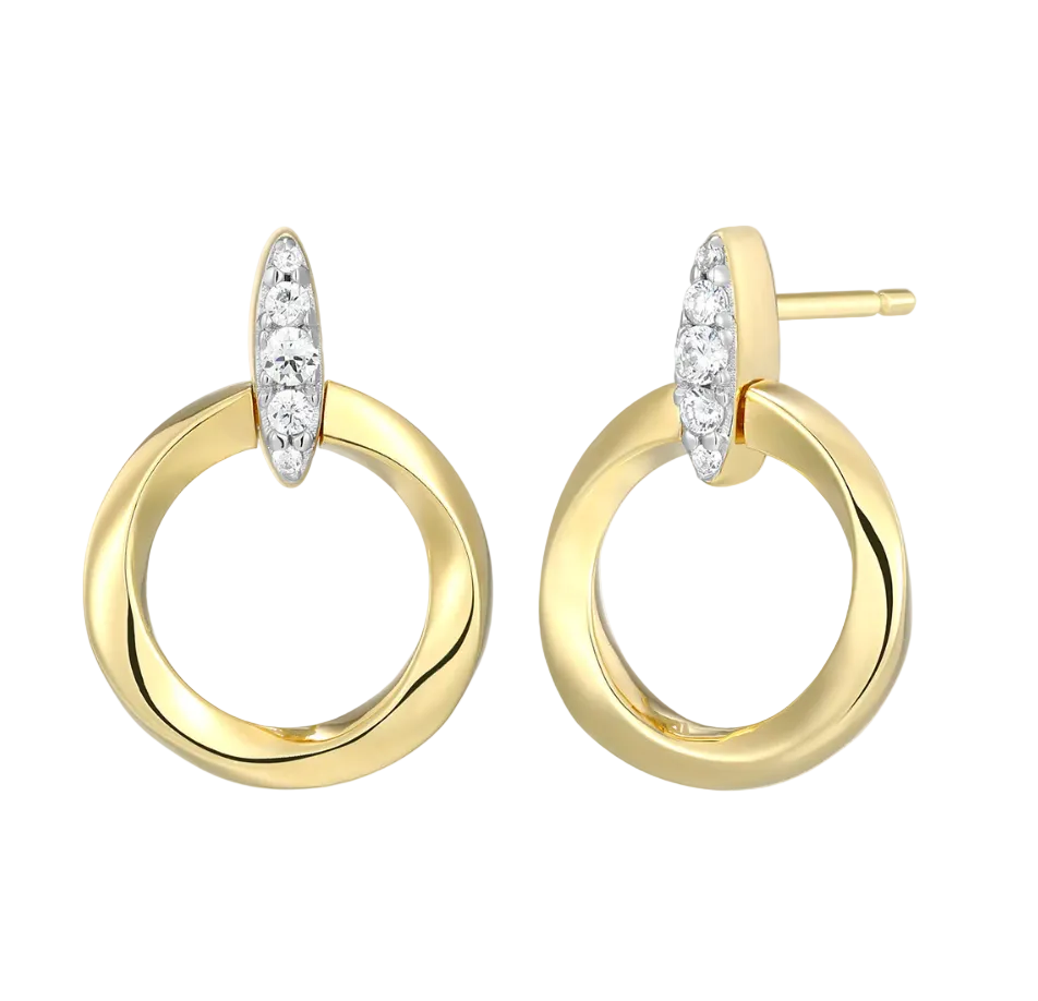 Knife Edge Circle Link Stud Earrings in 14K Gold & Rhodium Plated Sterling Silver