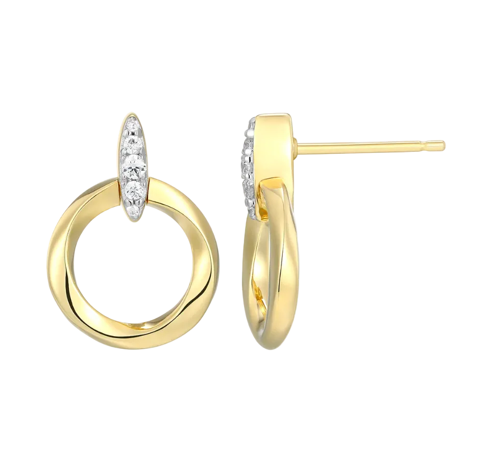 Knife Edge Circle Link Stud Earrings in 14K Gold & Rhodium Plated Sterling Silver