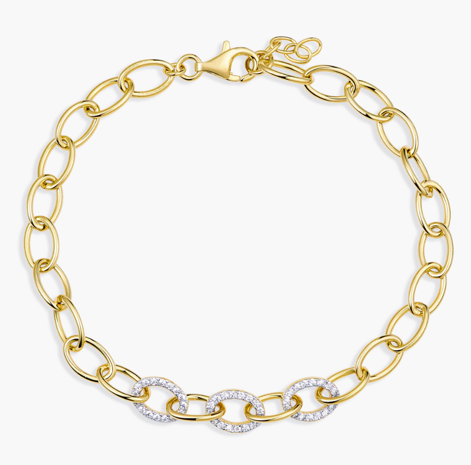 Pave Oval Link Bracelet in 14K Yellow Gold-Plated Sterling SIlver