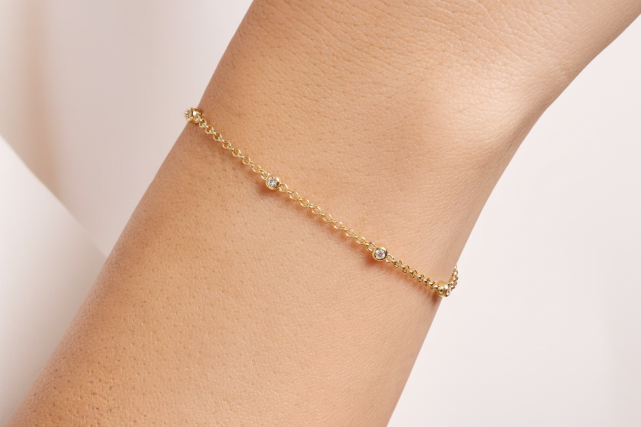 Bezel Station Bolo Bracelet in 14K Yellow Gold Plated Sterling Silver