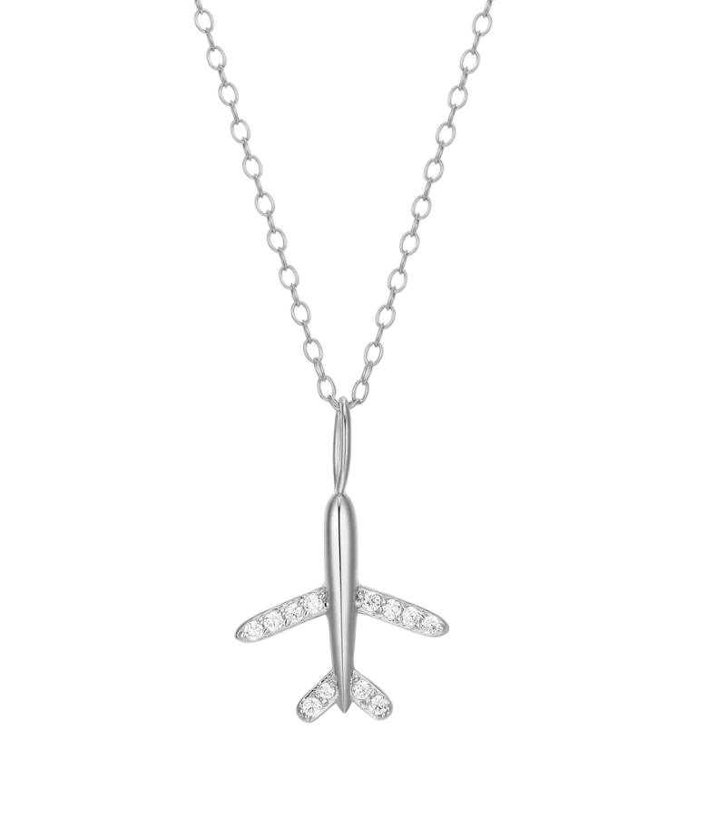 Airplane Pendant Necklace in Rhodium Plated Sterling Silver