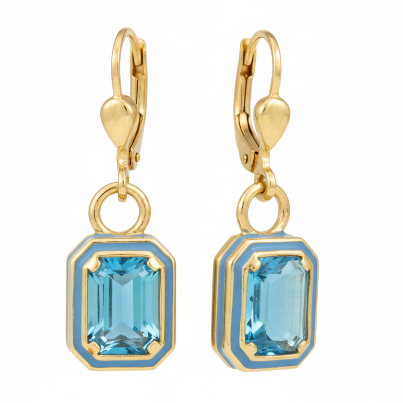 Sky Blue Crystal Earring Square WIth Enamel Border