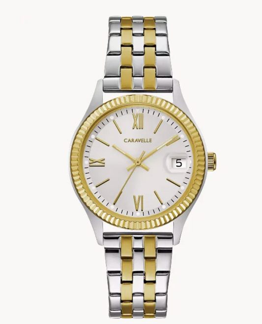 Refined Dress Watch~Graphic Silver-White Dial, Gold-Tone Accents & Date Window