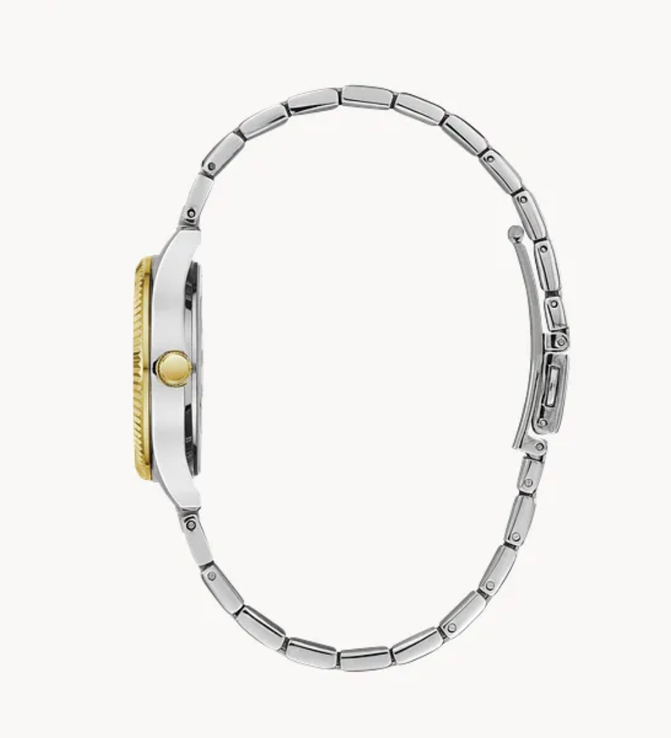 Refined Dress Watch~Graphic Silver-White Dial, Gold-Tone Accents & Date Window
